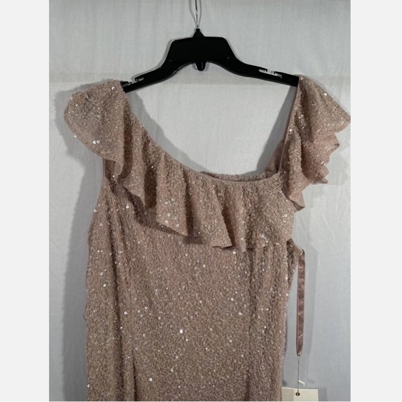 NWT $498 Mac Duggal [ 14 ] Sequined Drop Shoulder Trumpet Gown in‎ Mocha Pink - Picture 8 of 13